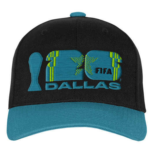A black baseball cap with a teal brim, featuring a large teal and lime green embroidered logo on the front that includes the number "26," the word "DALLAS," the FIFA logo, and a stylized trophy icon.