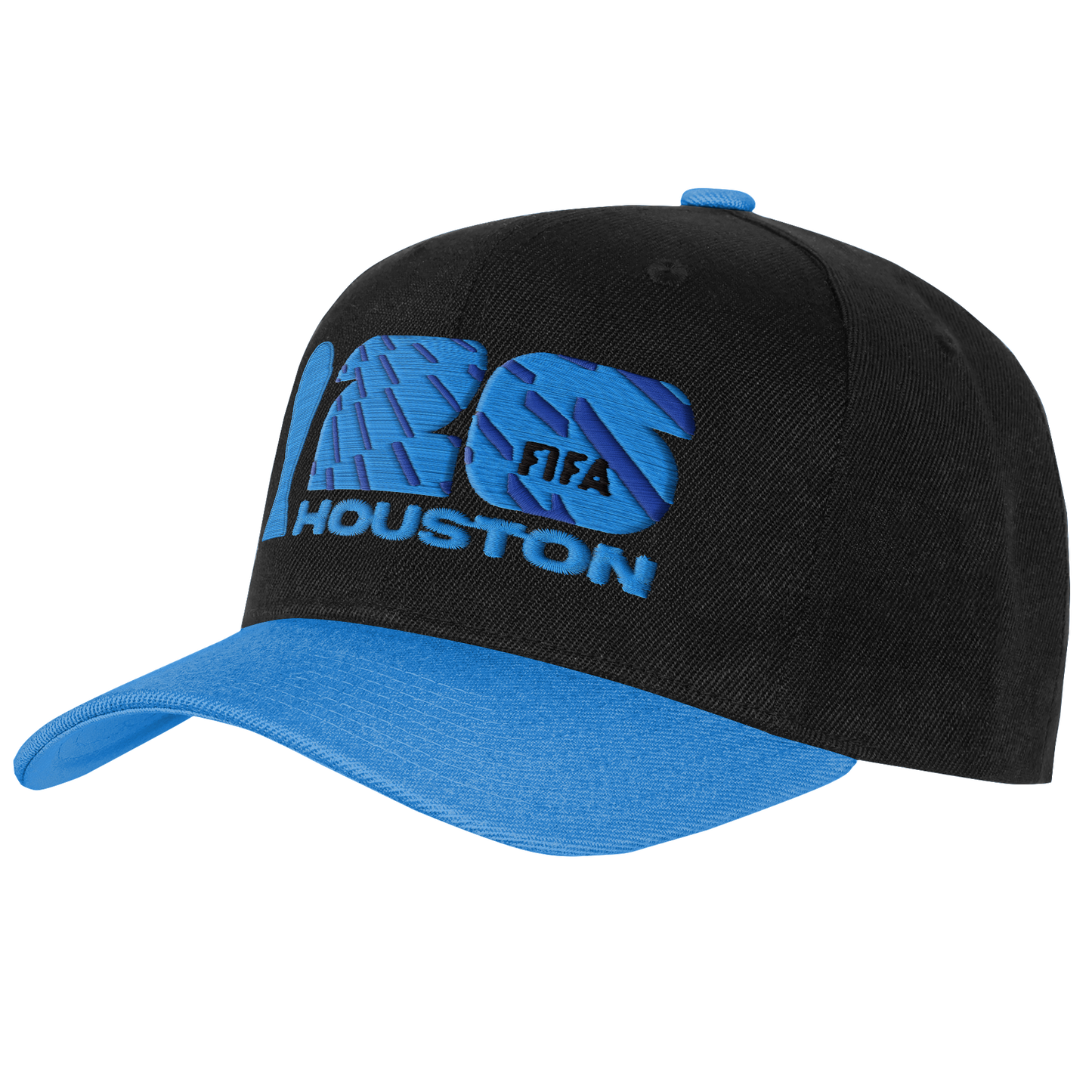 A black baseball cap with a blue bill and a blue top button. The front features a large, stylized "26" embroidered in patterned blue, with the word "FIFA" inside the "6" and "HOUSTON" embroidered in blue block letters underneath.