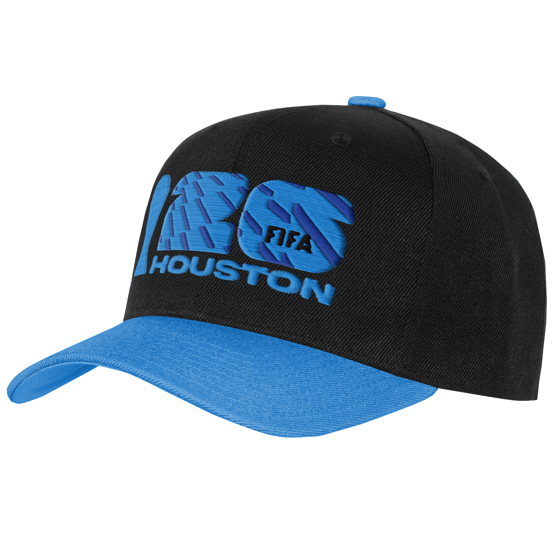 A black baseball cap with a blue bill and a blue top button. The front features a large, stylized "26" embroidered in patterned blue, with the word "FIFA" inside the "6" and "HOUSTON" embroidered in blue block letters underneath.