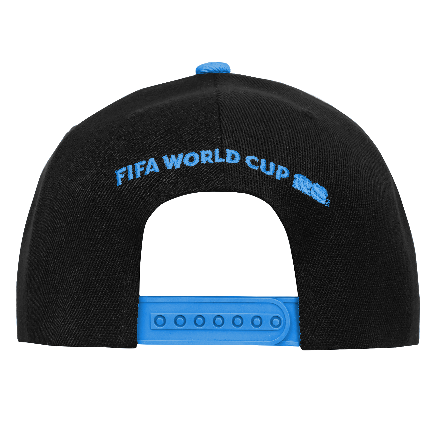 The back of a black snapback cap featuring light blue "FIFA WORLD CUP" text embroidered in an arch above the adjustable blue plastic closure. A light blue button is visible on top of the crown against a black background.