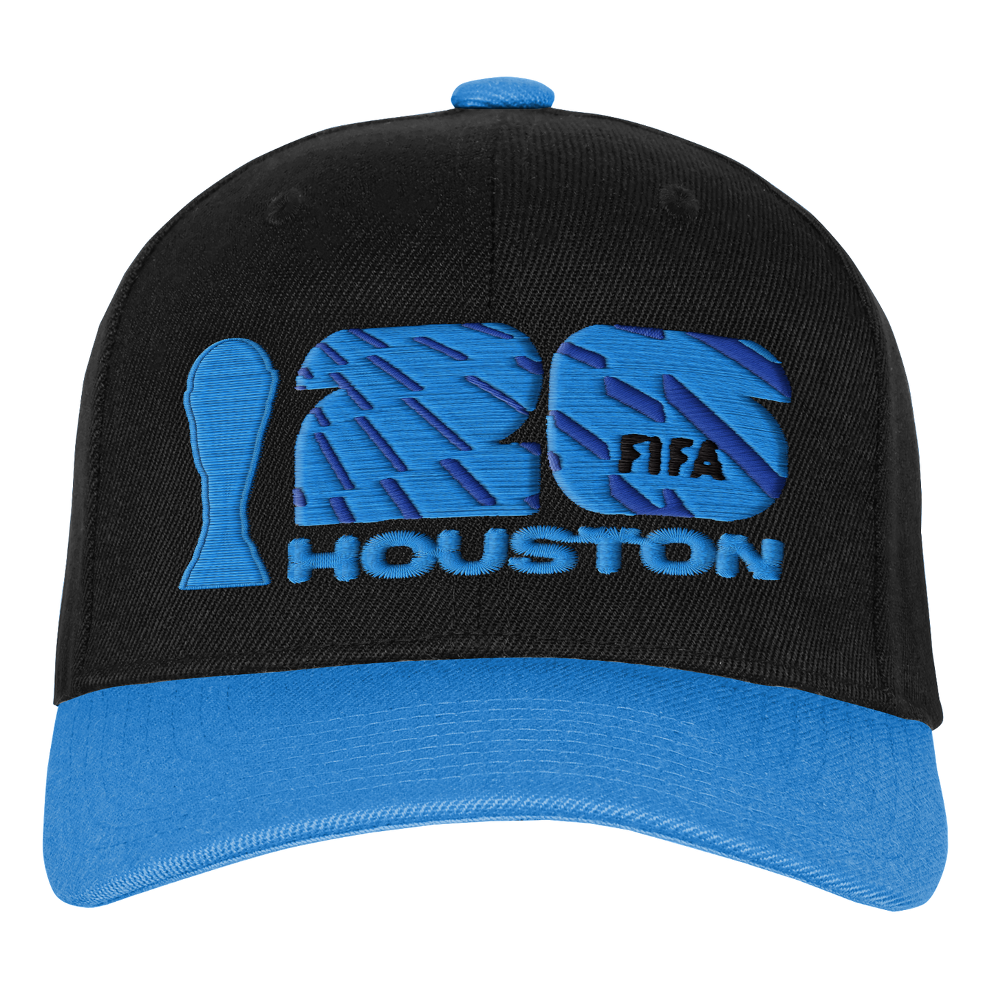 A black and blue baseball cap featuring embroidered FIFA World Cup 2026 Houston branding on the front. The cap has a black crown and a bright blue brim. The embroidery includes a blue silhouette of the World Cup trophy, large blue-and-dark-blue striped nu