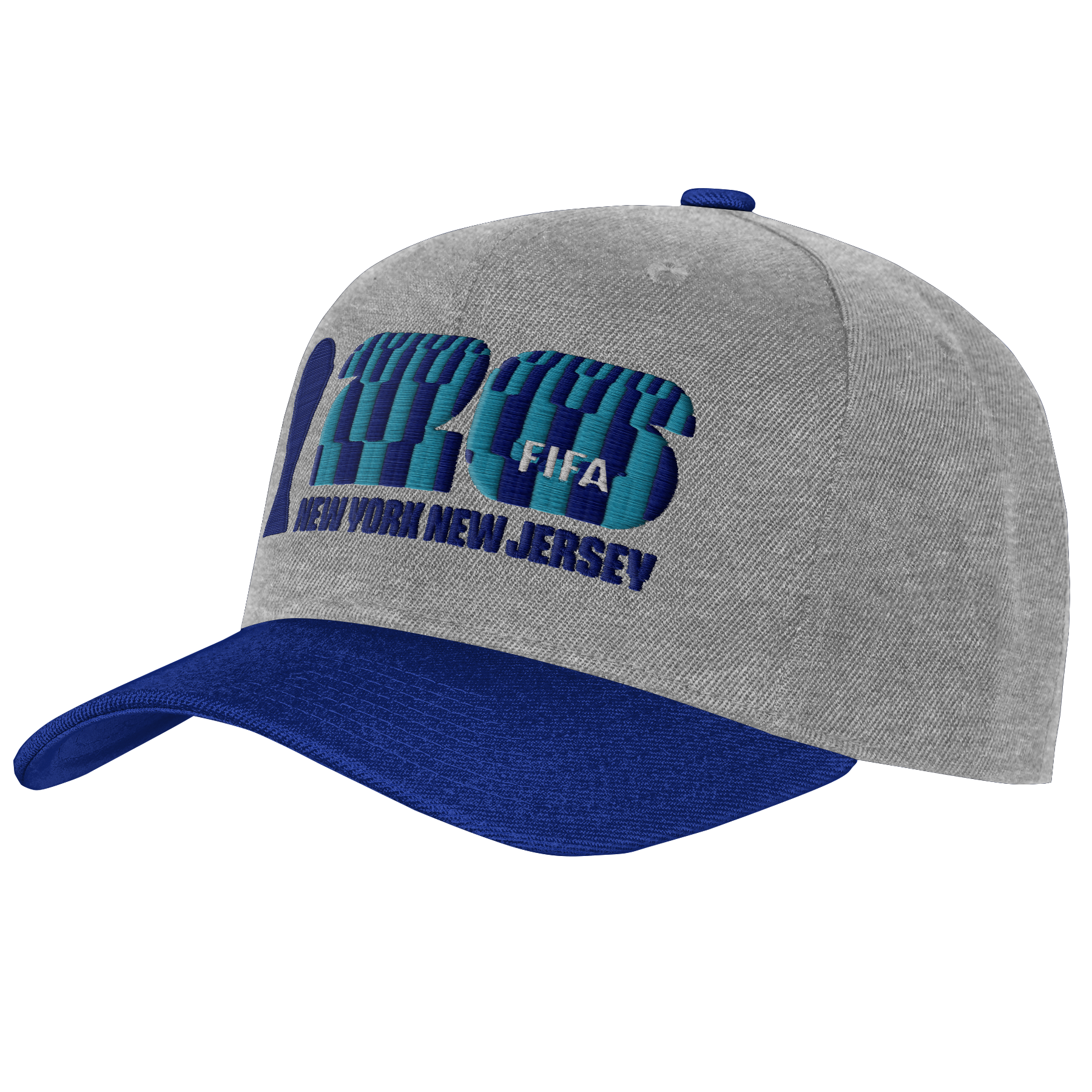 A heather grey baseball cap with a dark blue brim. The front features a large, stylized "26" graphic in blue and teal vertical stripes with "FIFA" in white text, and the words "NEW YORK NEW JERSEY" embroidered in dark blue below.
