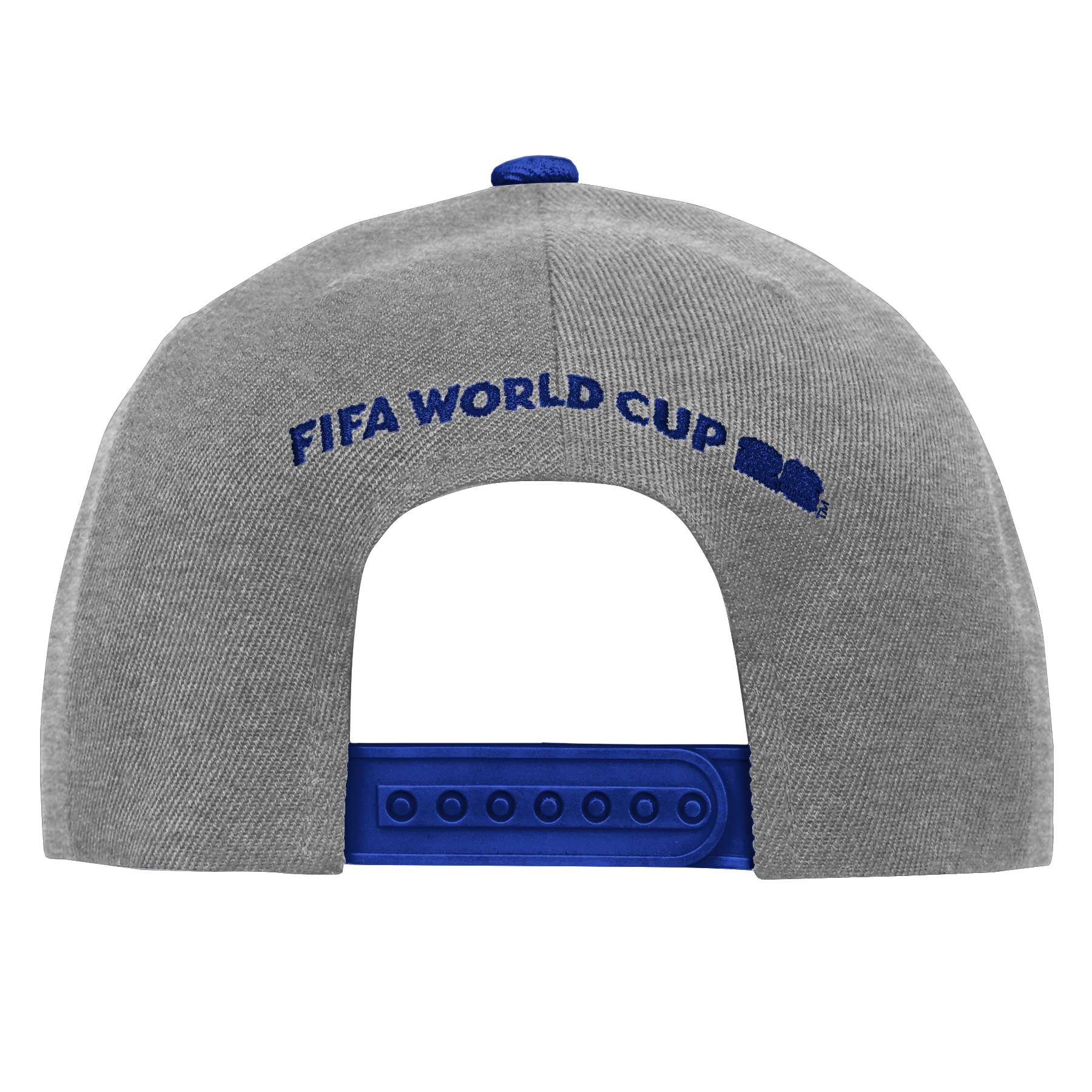 The back of a grey heathered baseball cap with blue embroidery that reads "FIFA WORLD CUP" in an arch. The cap features a blue plastic snapback closure and a blue button on top, all set against a solid black background.