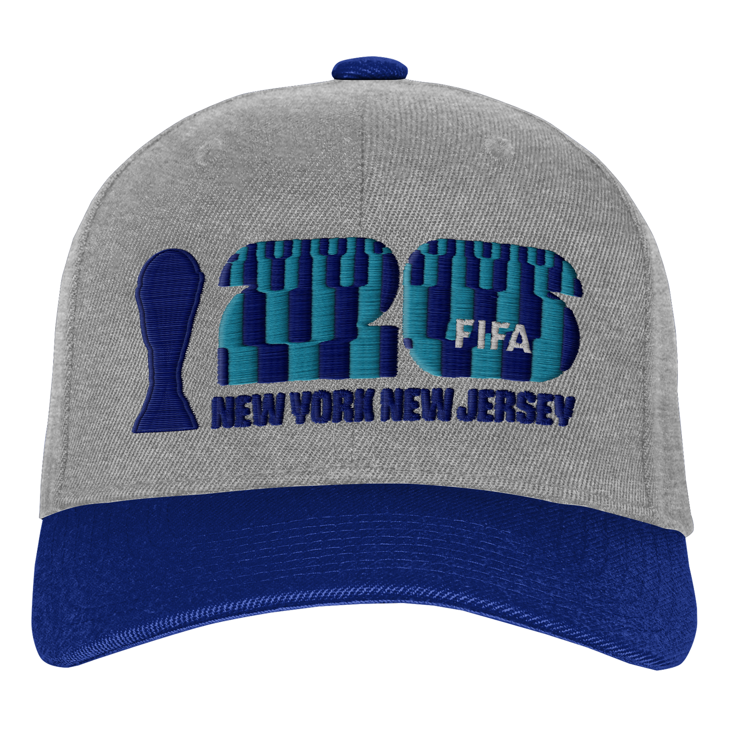 A grey baseball cap with a dark blue brim. The front features an embroidered design for the 2026 FIFA World Cup, including a dark blue trophy silhouette, large teal and blue patterned numbers "26" with "FIFA" in white, and "NEW YORK NEW JERSEY" in blue le
