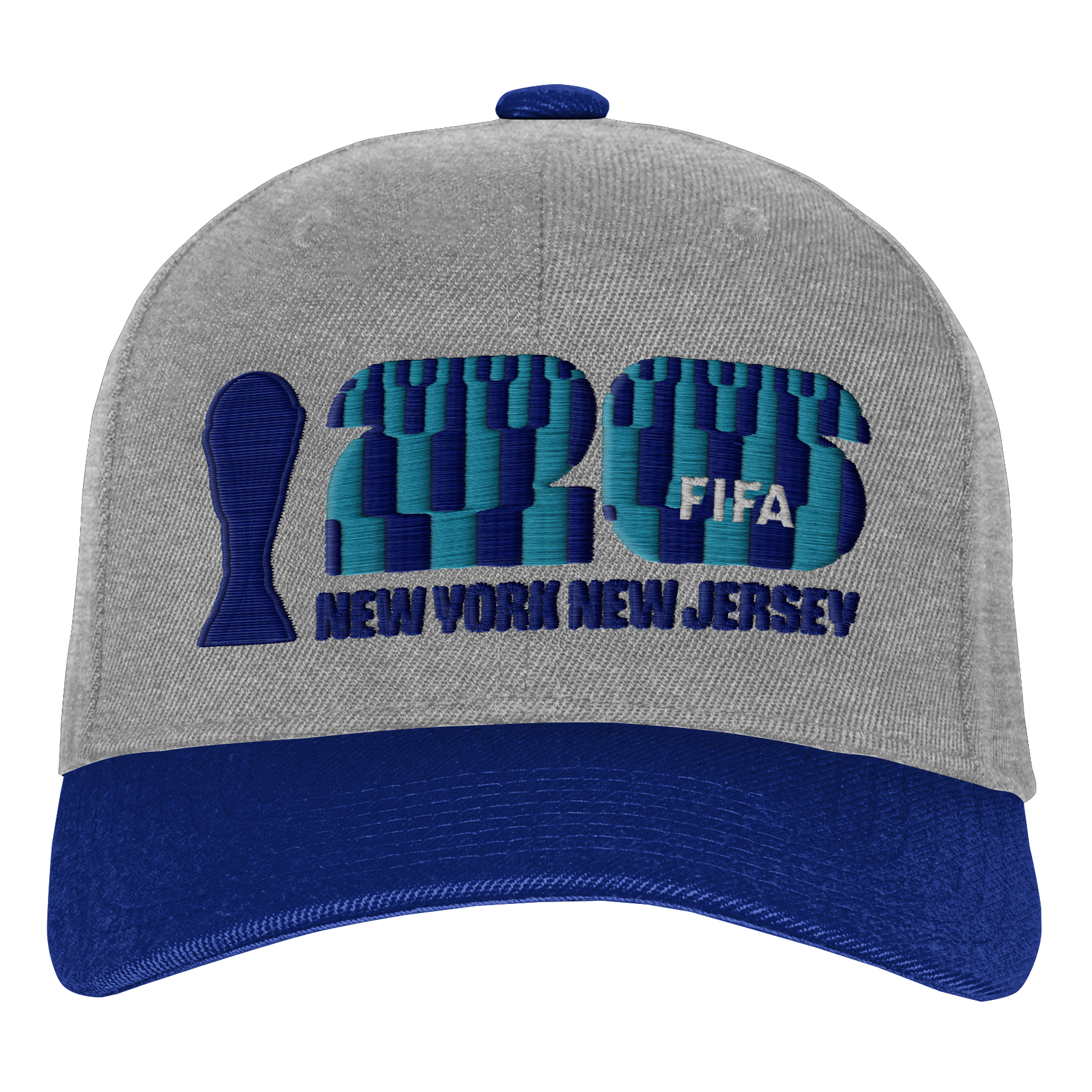 A grey baseball cap with a dark blue brim. The front features an embroidered design for the 2026 FIFA World Cup, including a dark blue trophy silhouette, large teal and blue patterned numbers "26" with "FIFA" in white, and "NEW YORK NEW JERSEY" in blue le