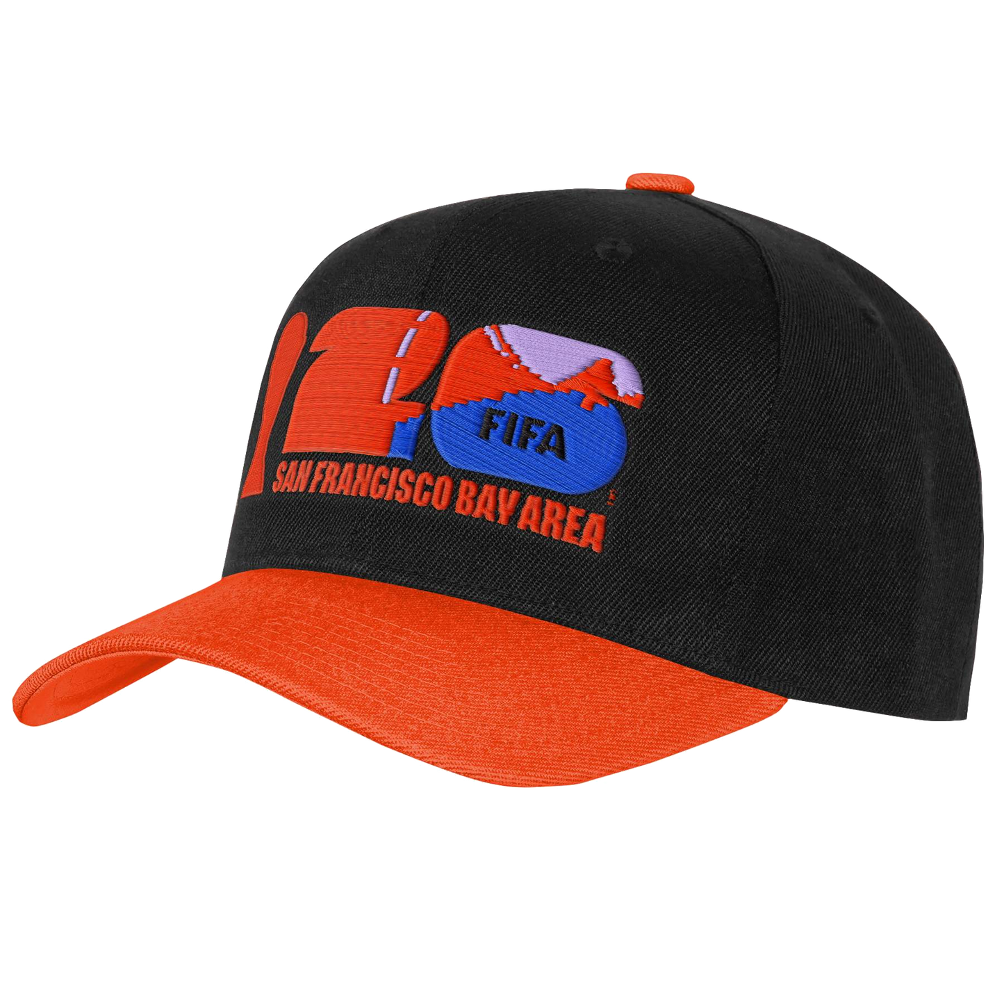A side profile of a black baseball cap with an orange brim and top button. The front features a large, embroidered number "26" in orange and blue. The number "6" contains the word "FIFA," and the words "SAN FRANCISCO BAY AREA" are embroidered in orange bl