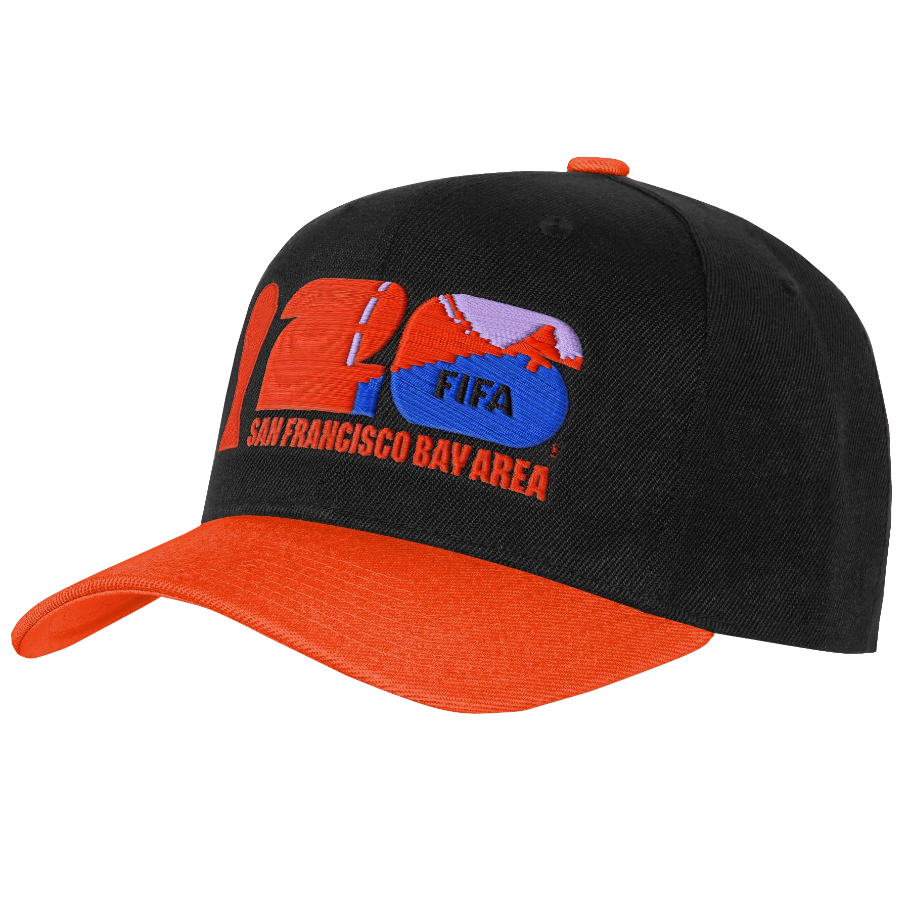 A side profile of a black baseball cap with an orange brim and top button. The front features a large, embroidered number "26" in orange and blue. The number "6" contains the word "FIFA," and the words "SAN FRANCISCO BAY AREA" are embroidered in orange bl