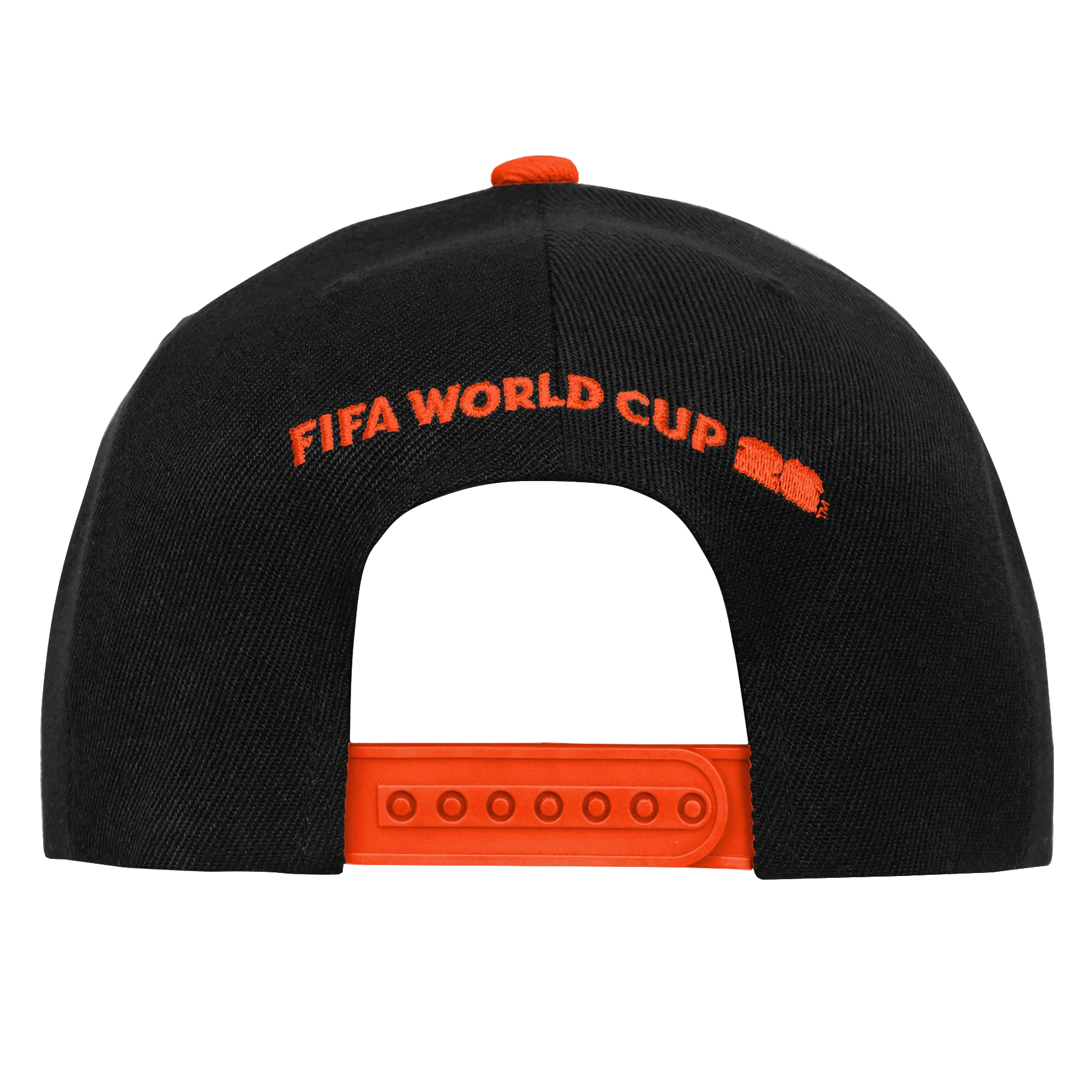 A black baseball cap shown from the back against a black background. It features "FIFA WORLD CUP" embroidered in orange above an orange snapback closure.