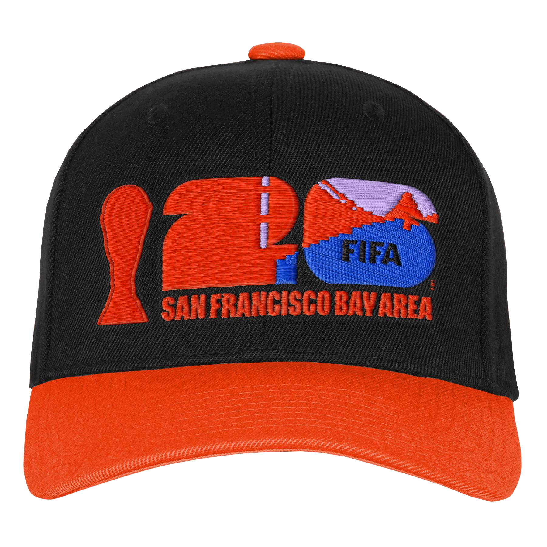 A black baseball cap with an orange brim and top button features embroidered graphics for the FIFA World Cup 2026. On the front, a stylized orange World Cup trophy stands to the left of a large "26." The "2" is solid orange, while the "6" contains a purpl