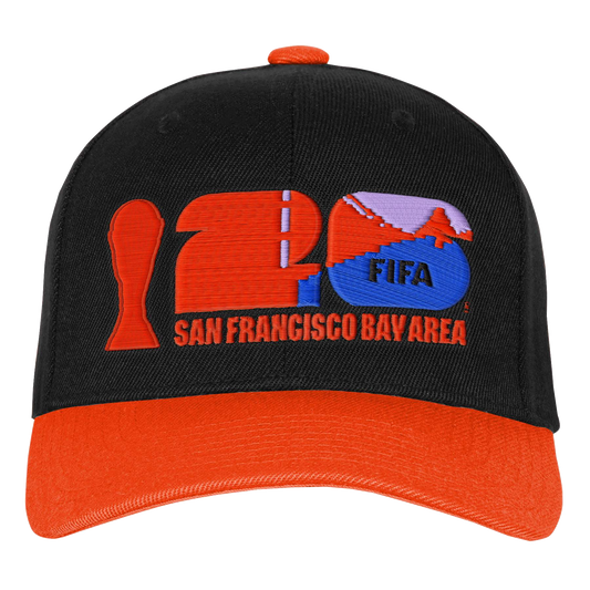 A black baseball cap with an orange brim and top button features embroidered graphics for the FIFA World Cup 2026. On the front, a stylized orange World Cup trophy stands to the left of a large "26." The "2" is solid orange, while the "6" contains a purpl