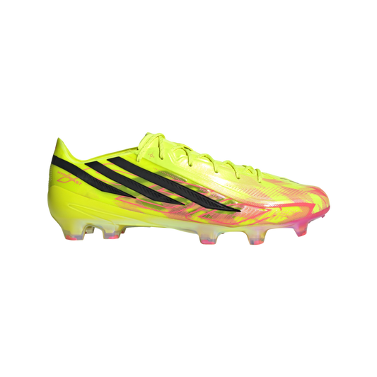 Profile of a neon yellow Adidas soccer cleat with black stripes and pink accents.