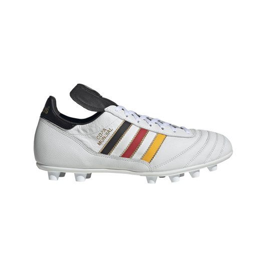 Side view of a white leather Adidas Copa Mundial soccer cleat with black, red, and yellow stripes on a black background.