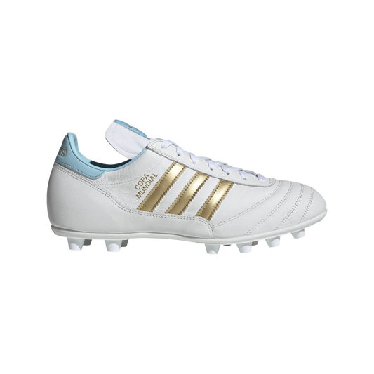 Side view of a white Adidas Copa Mundial soccer cleat with gold stripes and light blue accents on the heel and tongue, against a black background.