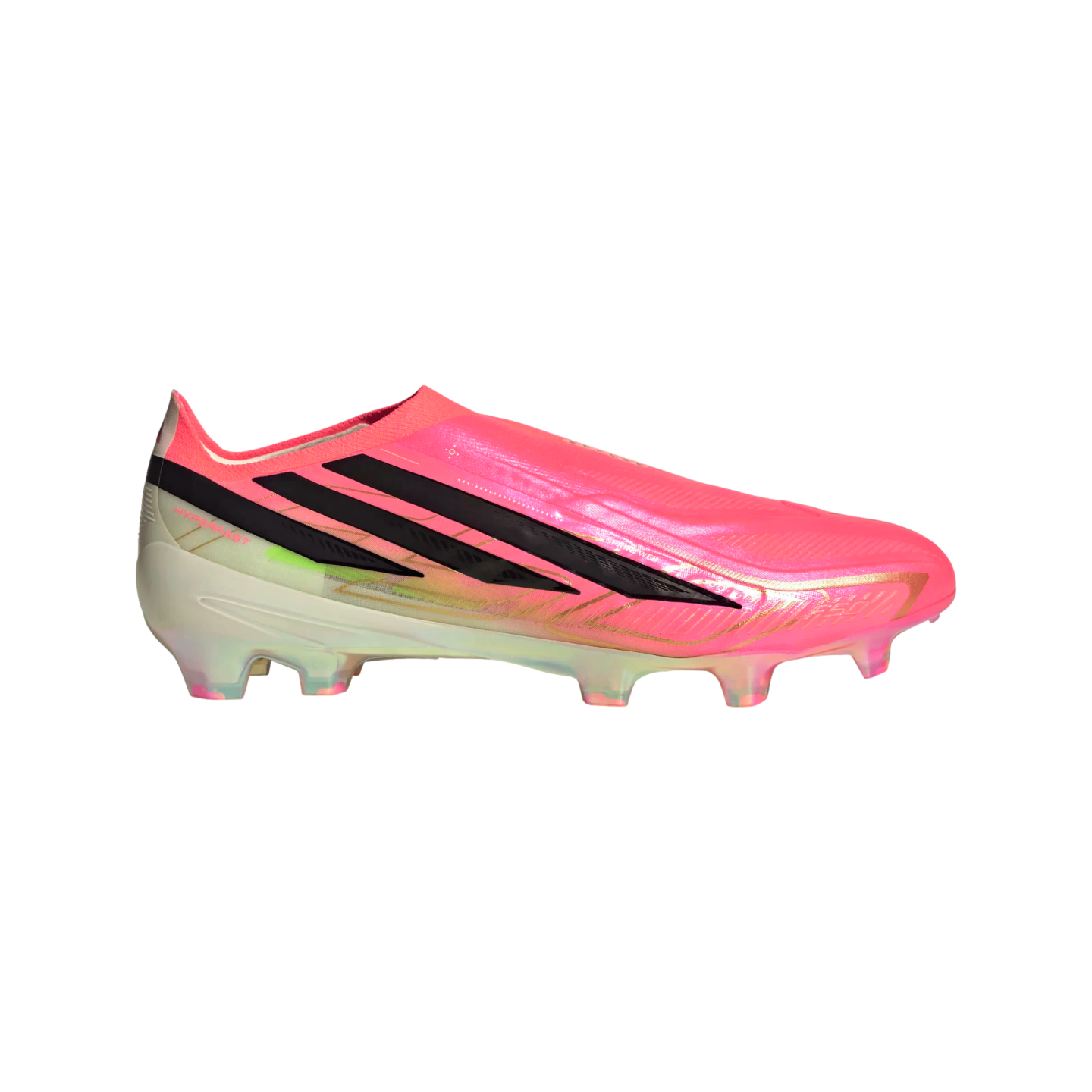 Side view of a vibrant pink laceless Adidas soccer cleat with black stripes and an iridescent soleplate, isolated on a white background.