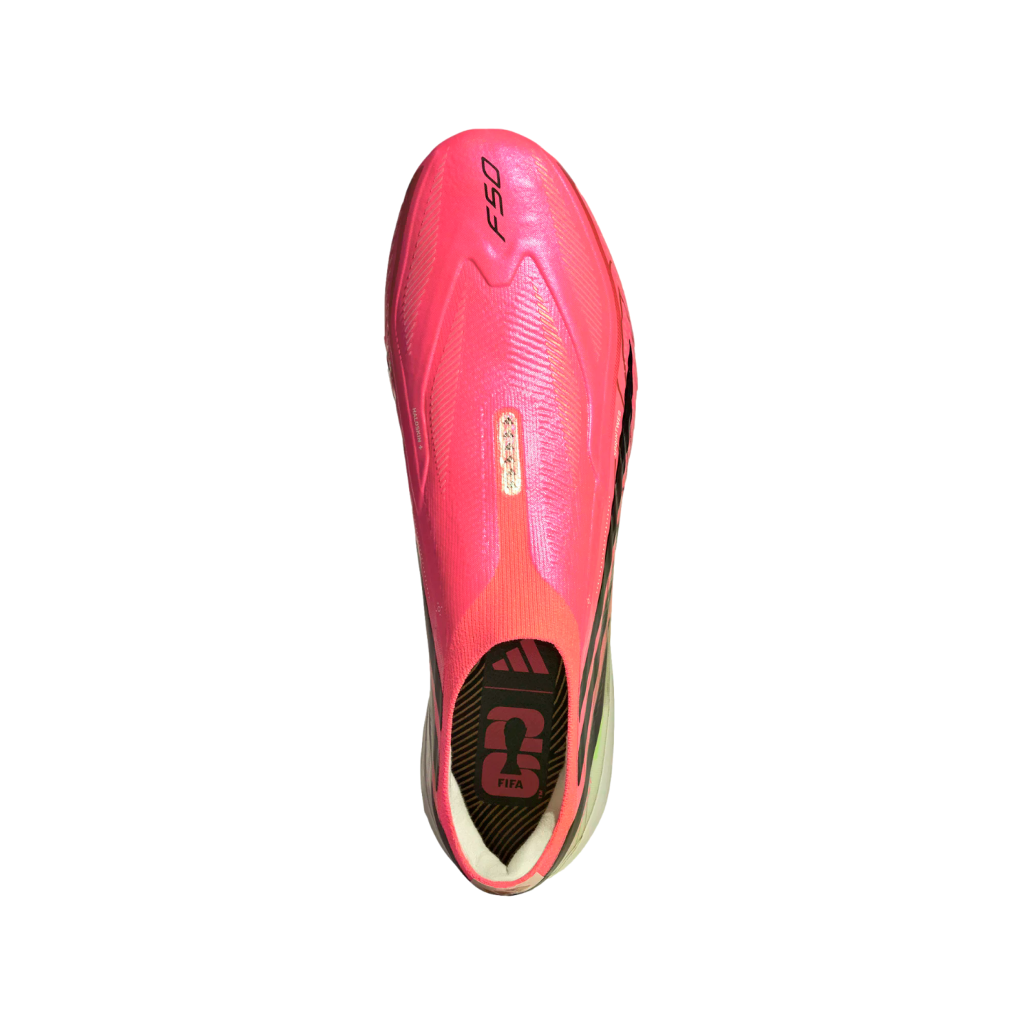 Top-down view of a bright pink Adidas F50 soccer cleat against a white background.