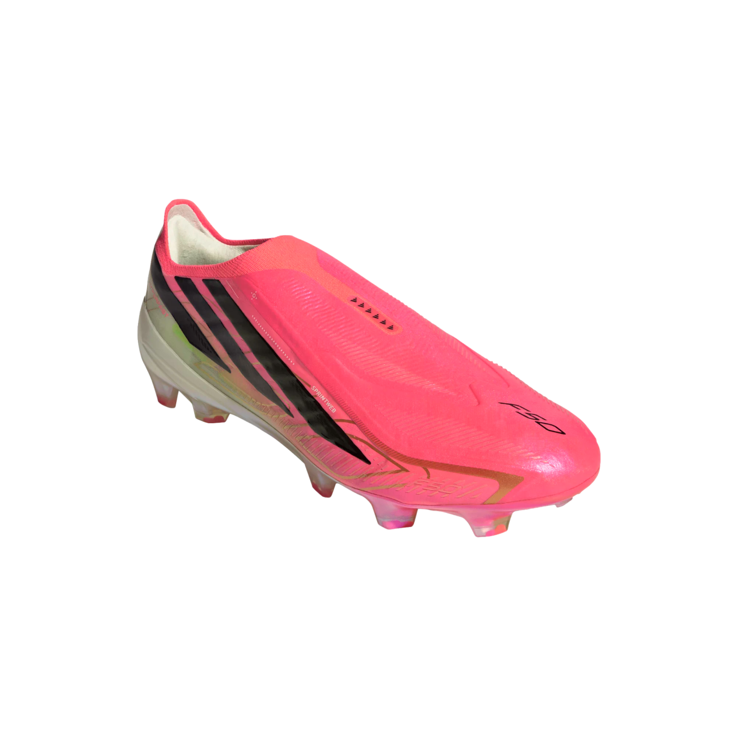 Bright pink laceless soccer cleat with black stripes and gold accents on a white background.