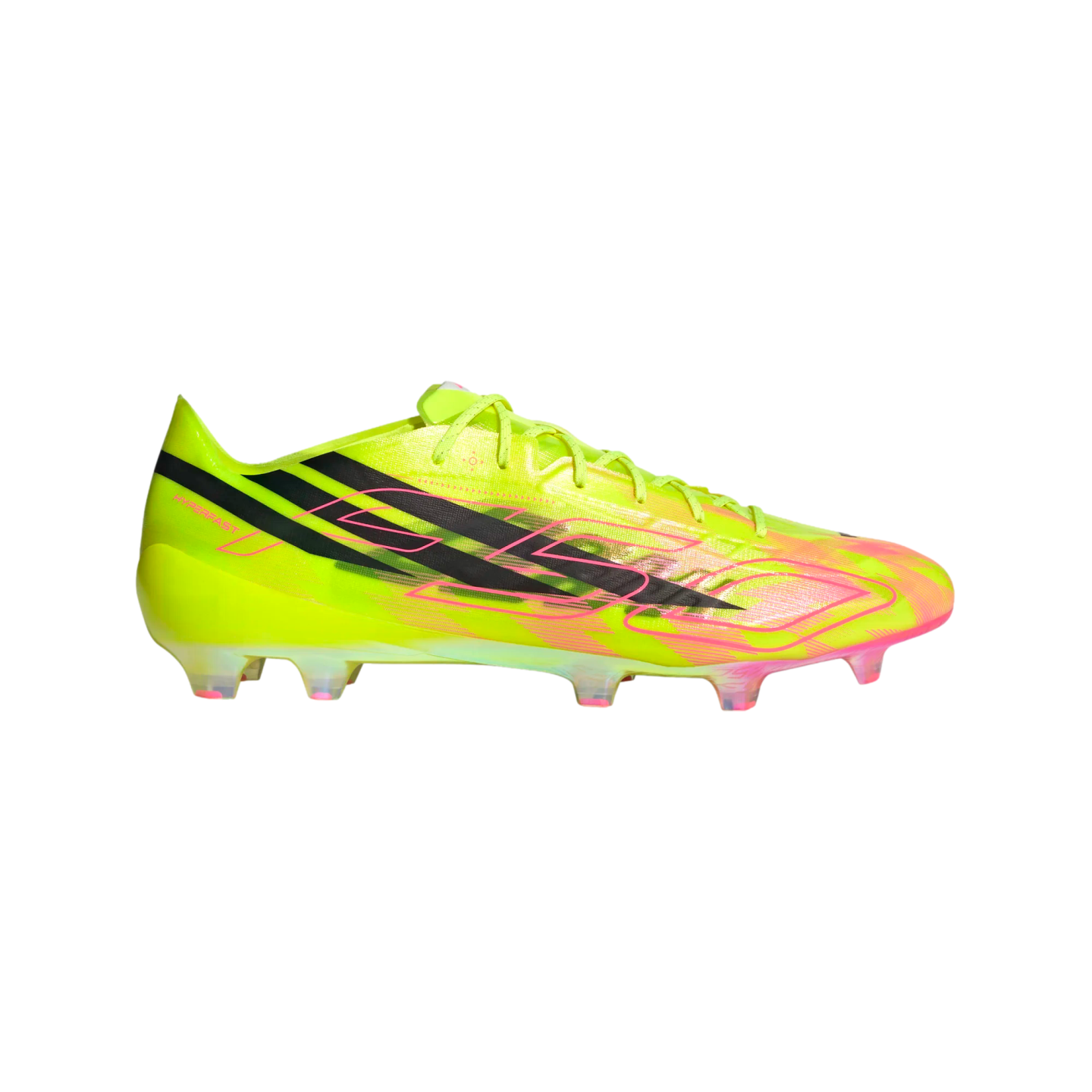 Neon yellow Adidas F50 soccer cleat with black and pink graphic accents. Side view shows translucent studs and "HYPERFAST" branding against a black background.