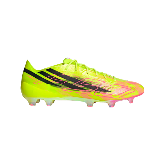 Neon yellow Adidas F50 soccer cleat with black and pink graphic accents. Side view shows translucent studs and "HYPERFAST" branding against a black background.