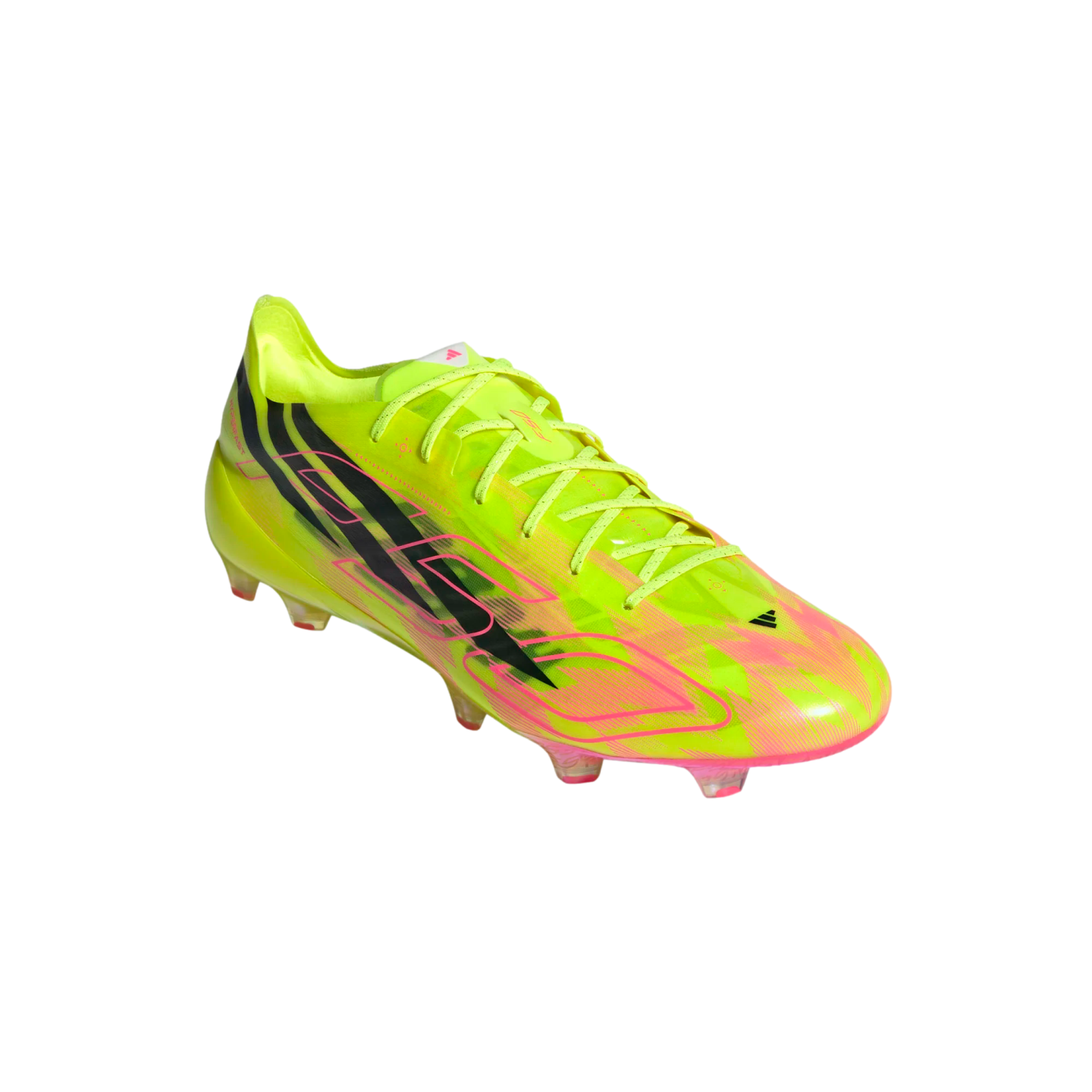 Neon yellow soccer cleat with vibrant pink and black graphic patterns, set against a solid black background.