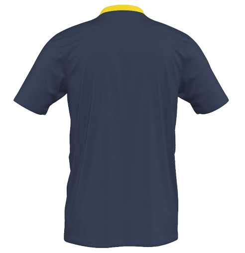 The back view of a short-sleeved navy blue polo shirt with a bright yellow collar.