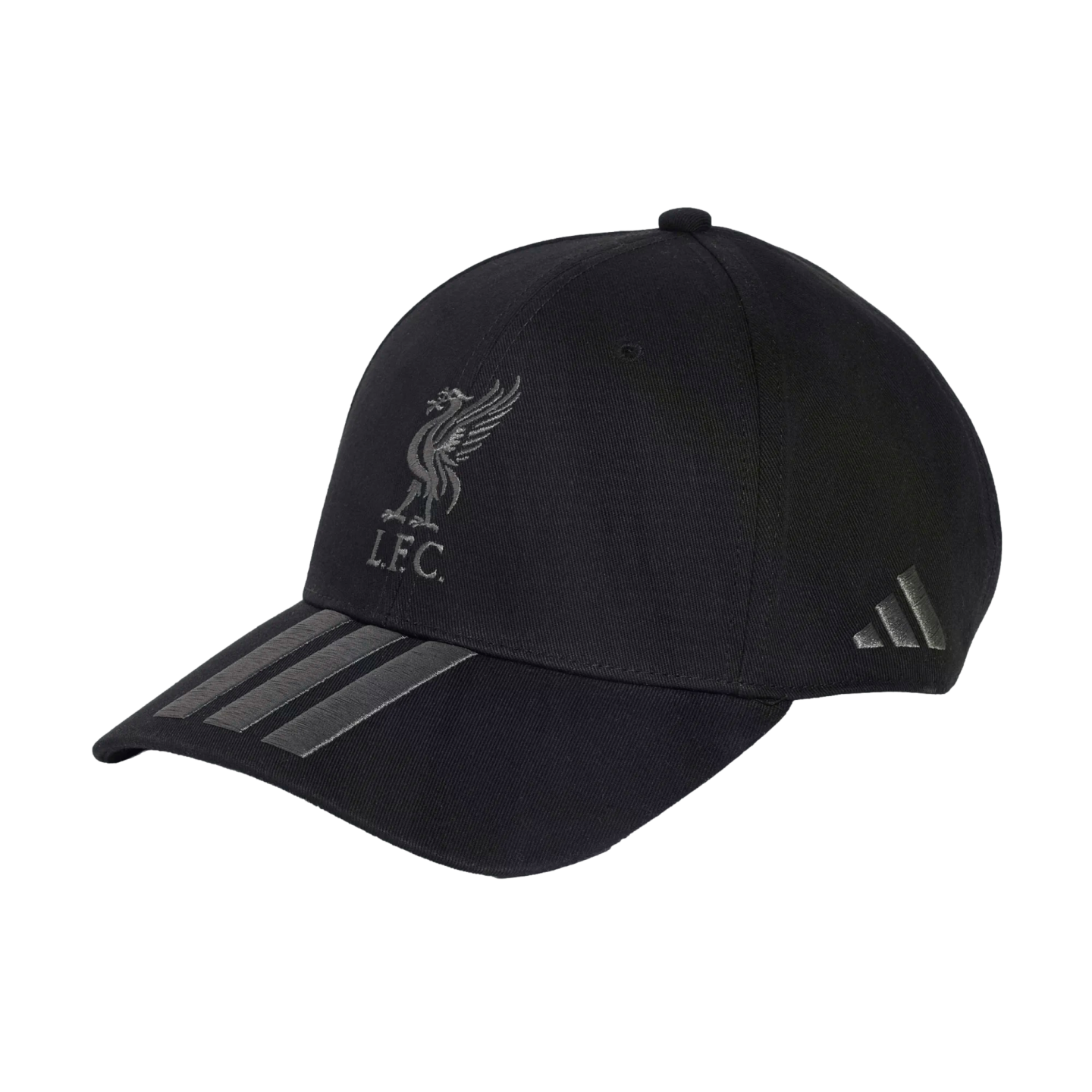 A black baseball cap featuring a grey Liverpool F.C. logo on the front, three stripes on the brim, and an Adidas logo on the side.