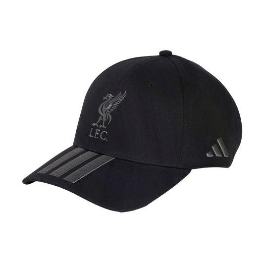 A black baseball cap featuring a grey Liverpool F.C. logo on the front, three stripes on the brim, and an Adidas logo on the side.