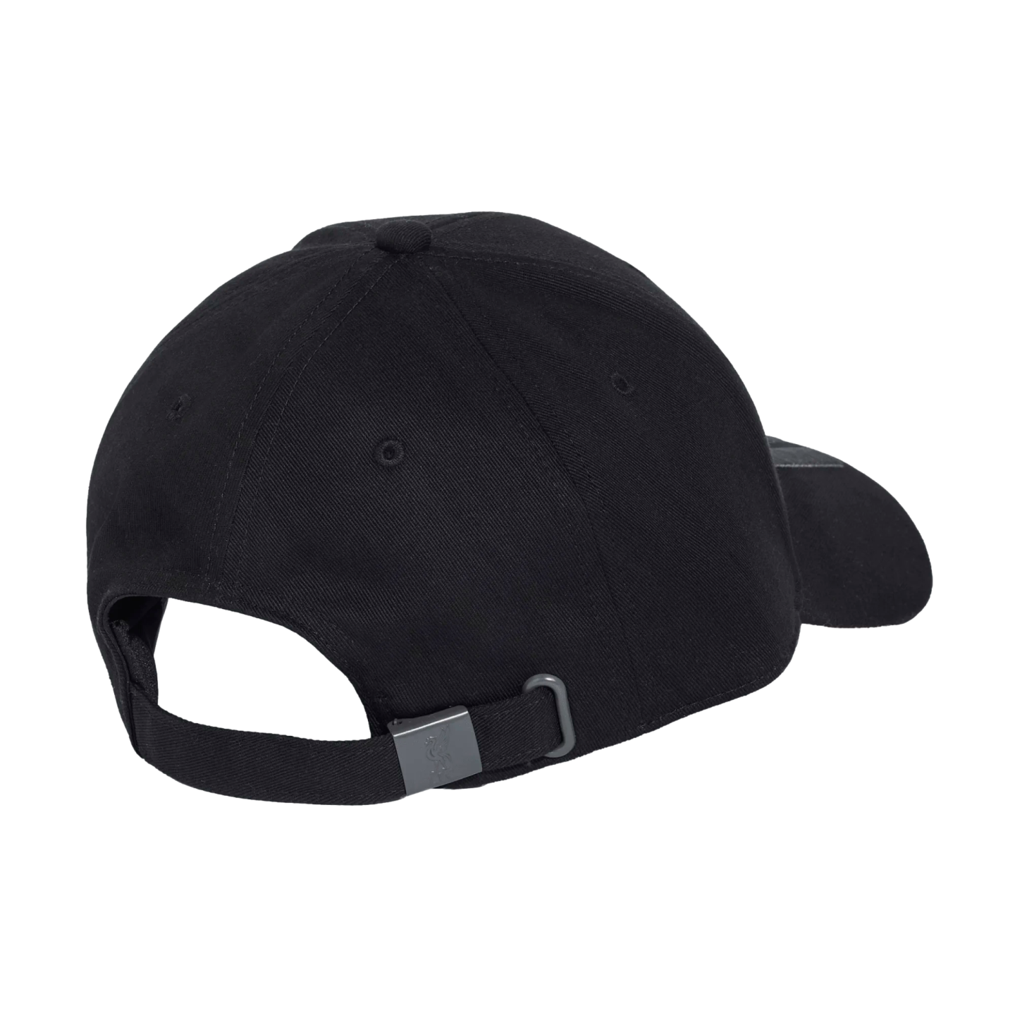 Back view of a black baseball cap featuring an adjustable fabric strap and metal slide buckle.