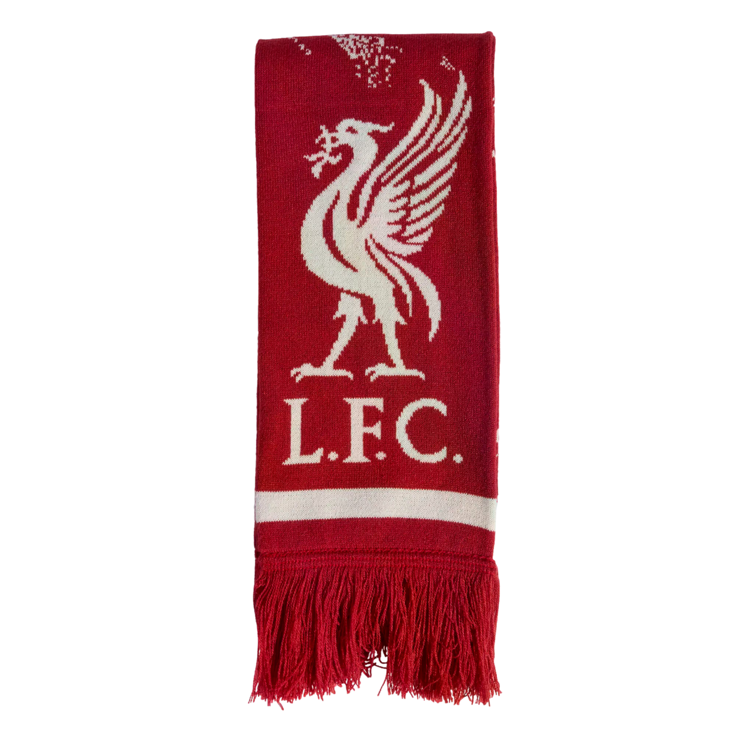 Red Liverpool FC scarf featuring a white Liver bird crest and "L.F.C." text above a white horizontal stripe and red fringe.