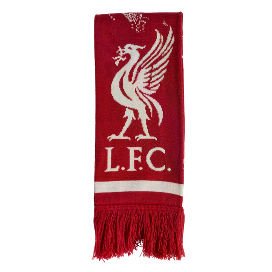 Red Liverpool FC scarf featuring a white Liver bird crest and "L.F.C." text above a white horizontal stripe and red fringe.