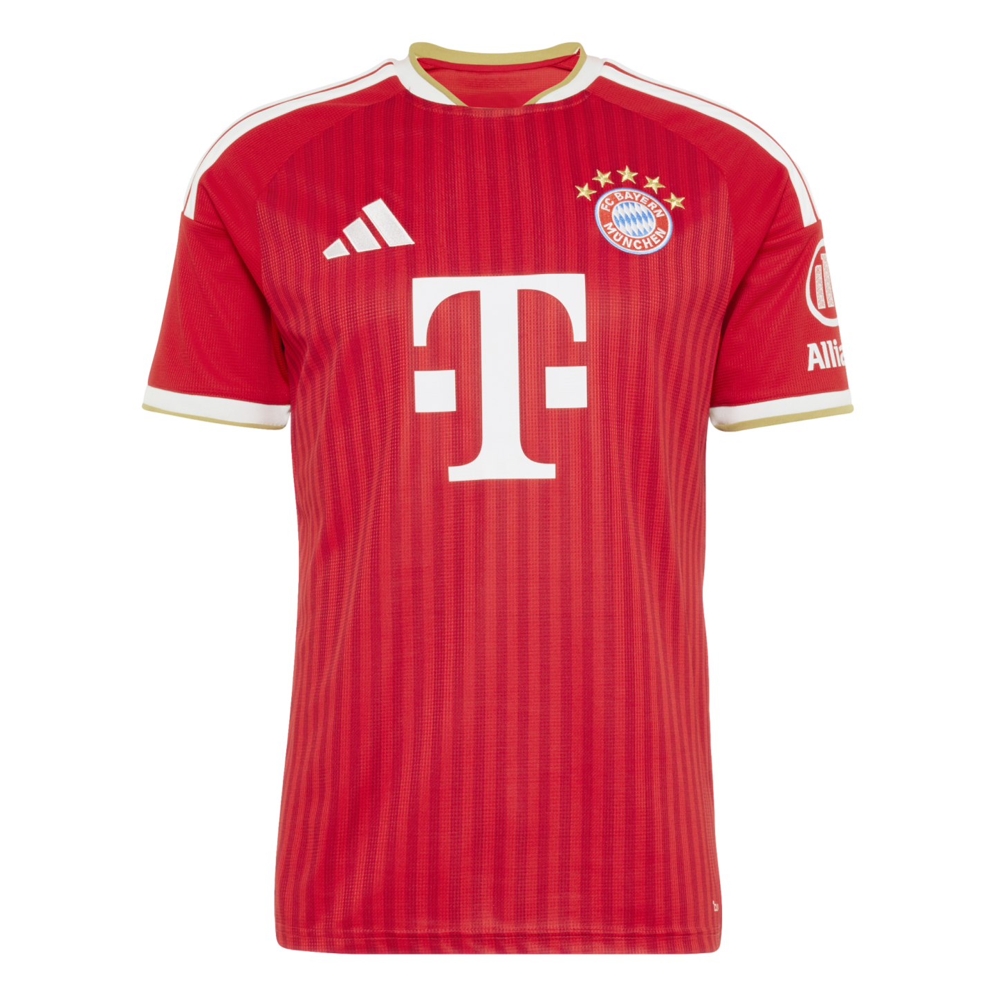 A red soccer jersey with vertical stripes, featuring the FC Bayern Munich crest, white Adidas logo, and white "T" sponsor logo. White and gold trim accents the collar and sleeve cuffs.