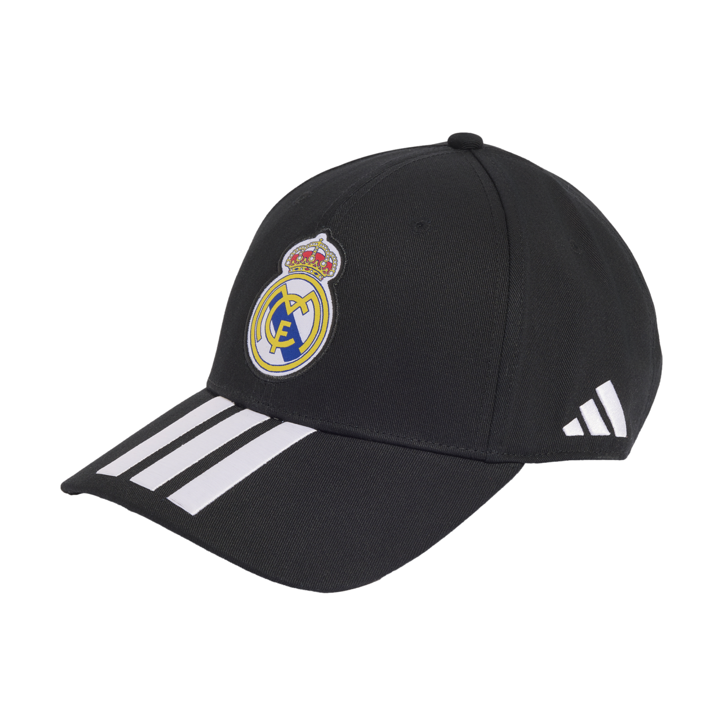 A black Adidas baseball cap featuring the Real Madrid team crest on the front and three white stripes on the visor.