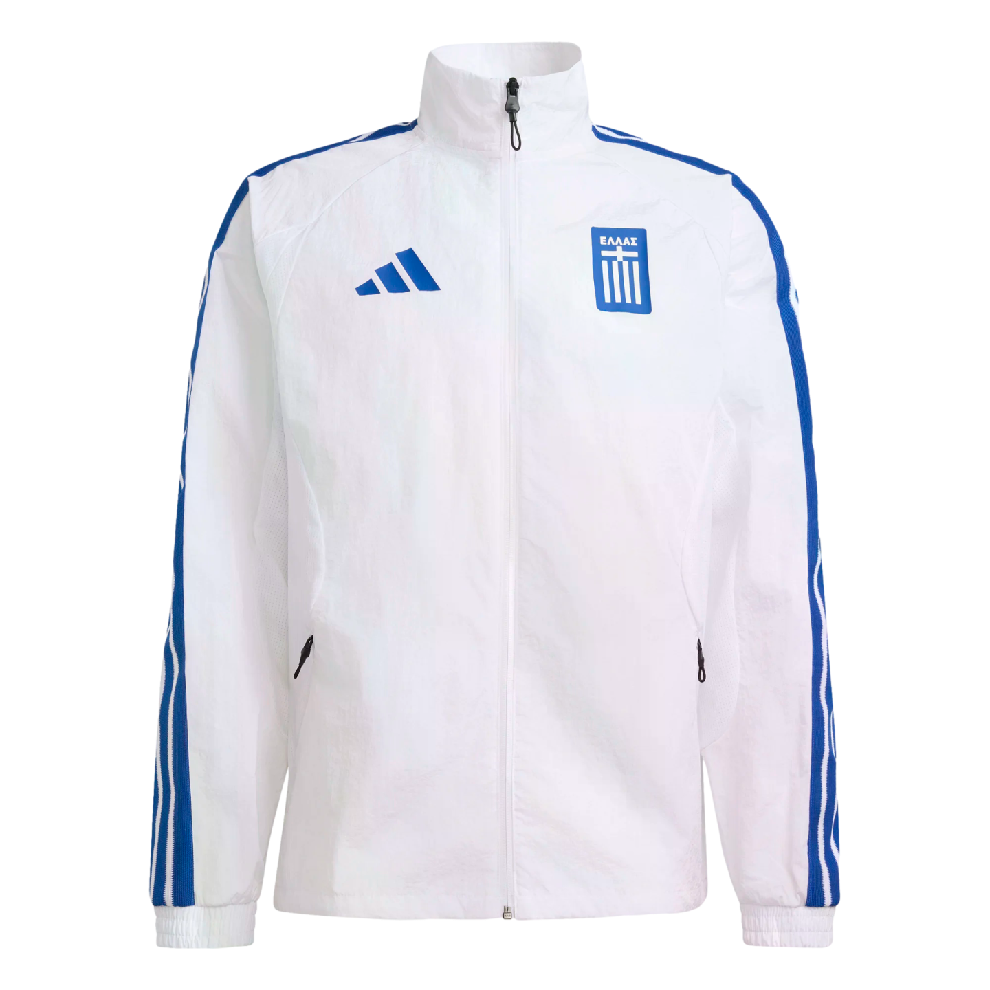 White Adidas zip-up jacket with blue sleeve stripes, featuring the blue Adidas logo and the Greece national team crest on the chest.