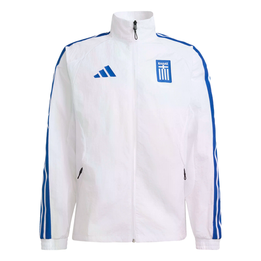 White Adidas zip-up jacket with blue sleeve stripes, featuring the blue Adidas logo and the Greece national team crest on the chest.