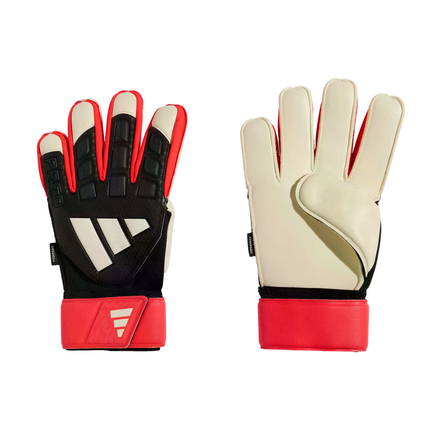 Front and back view of a pair of black, red, and white Adidas Predator Fingersave goalkeeper gloves.