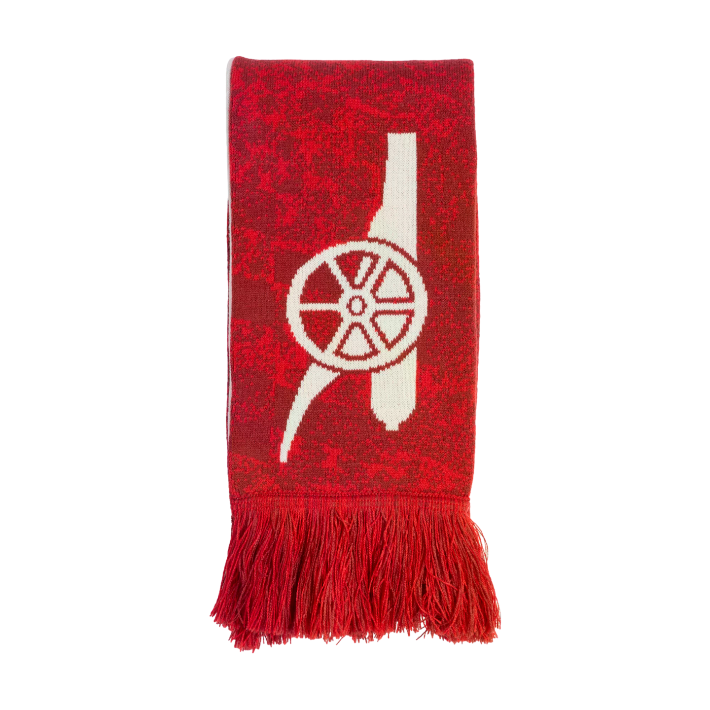 A red mottled knit scarf featuring a large white cannon logo and red fringes at the bottom.