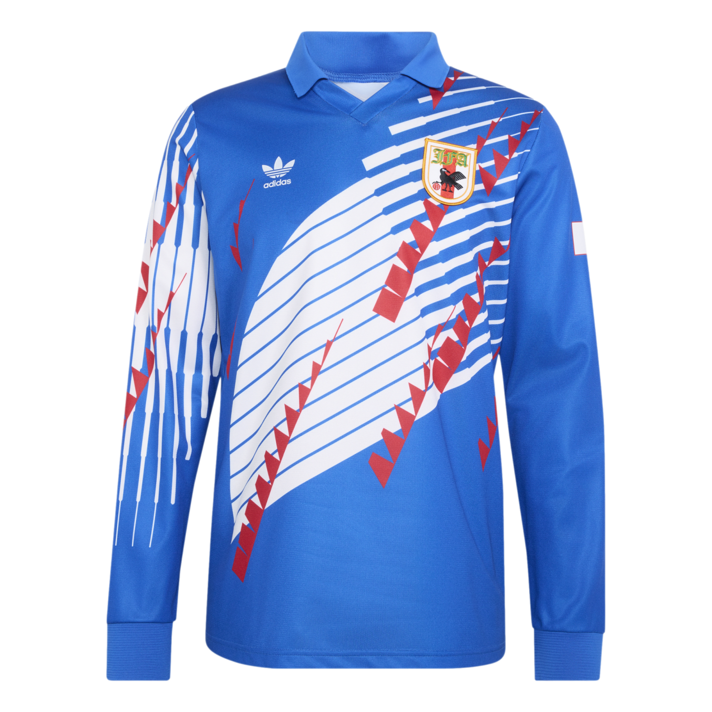 A blue long-sleeved Adidas jersey with a white and red geometric design, featuring a collared neck, Adidas trefoil logo, and a team crest on the chest.