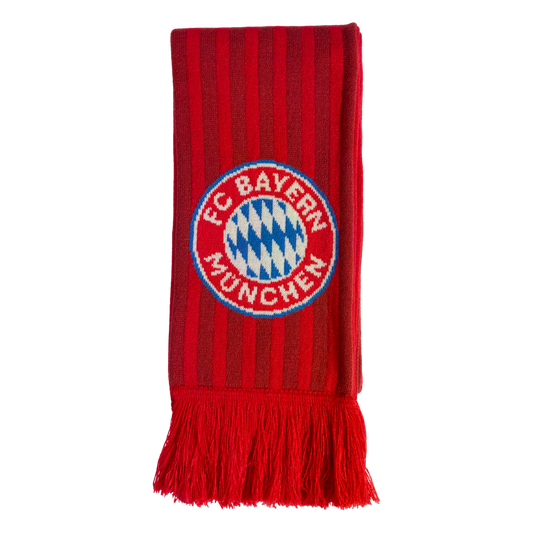 Red and maroon striped knit scarf featuring the FC Bayern München club crest and red fringe.