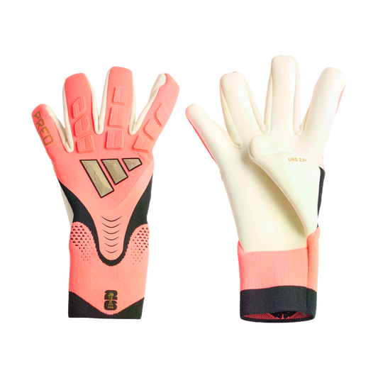 Pair of pink and black Adidas Predator goalkeeper gloves showing both the textured backhand with gold logos and the white latex palm.