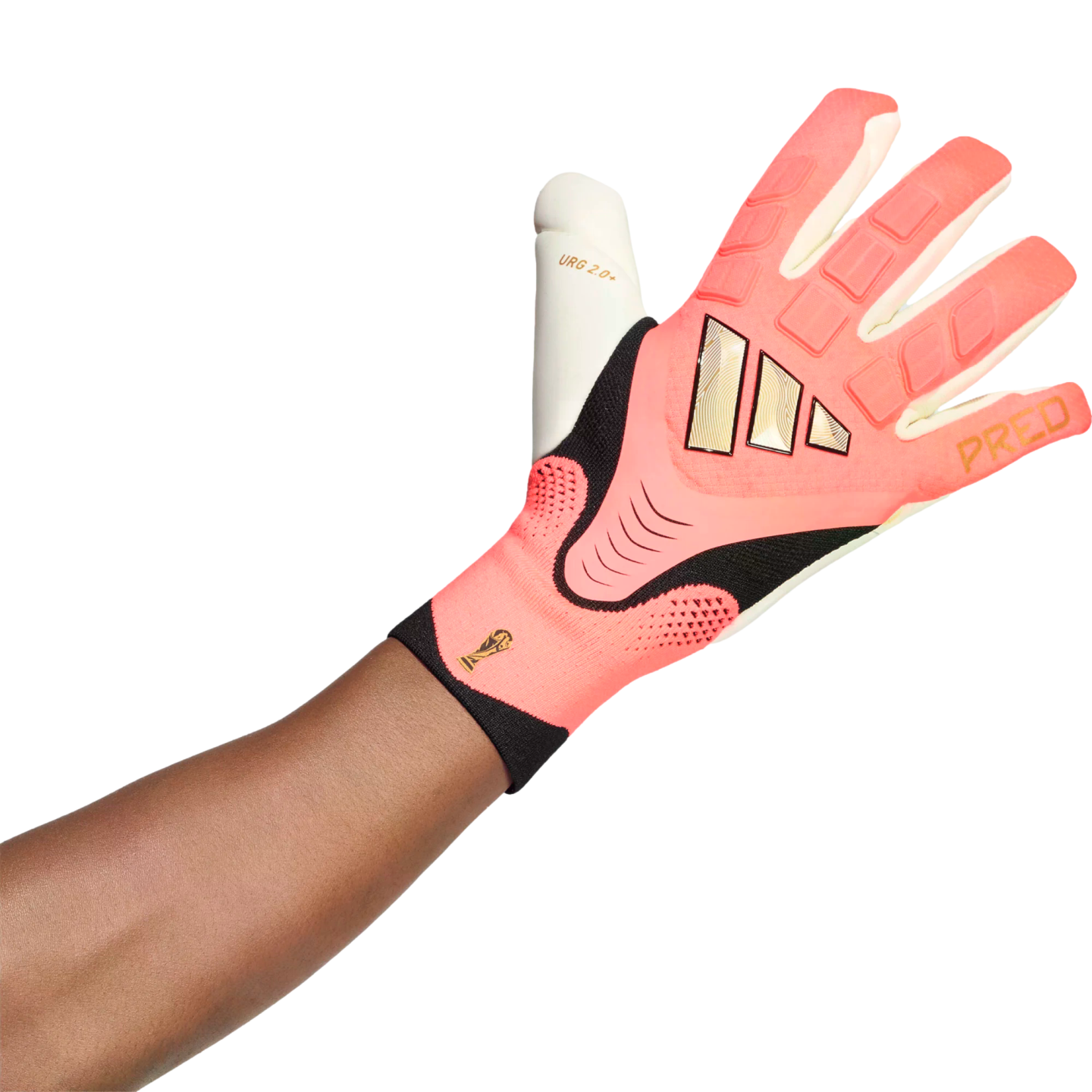 A dark-skinned arm wearing a pink, black, and white goalkeeper glove with gold accents, set against a plain white background.