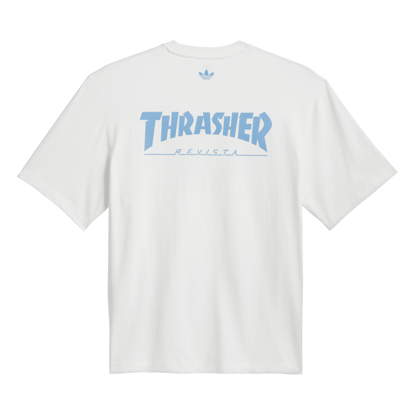 The back of a white short-sleeved t-shirt with a light blue Adidas trefoil logo above a large light blue "THRASHER REVISTA" graphic.