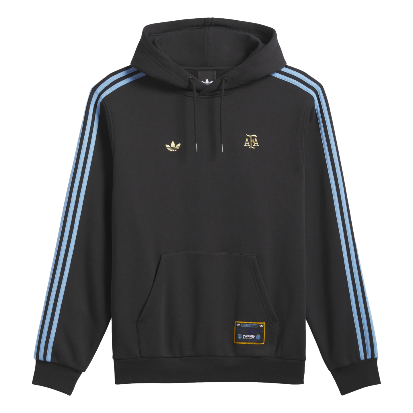 Black Adidas hoodie featuring light blue sleeve stripes, gold Trefoil and AFA logos on the chest, and a kangaroo pocket.