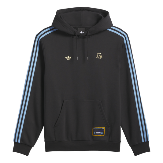 Black Adidas hoodie featuring light blue sleeve stripes, gold Trefoil and AFA logos on the chest, and a kangaroo pocket.