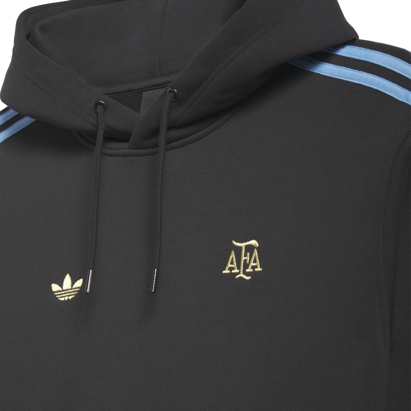 Close-up of a black hoodie with gold Adidas and AFA logos and light blue stripes on the shoulders.