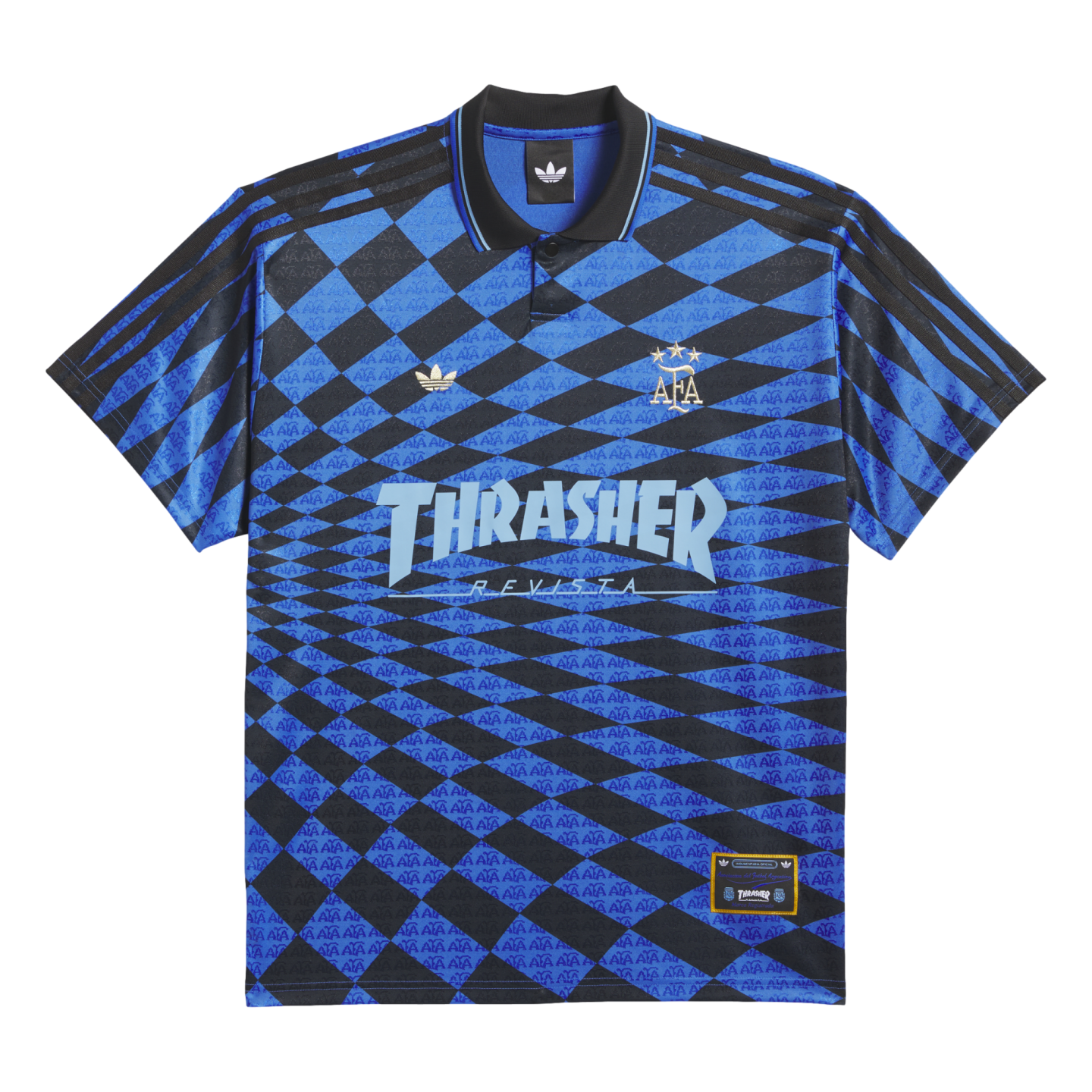 Blue and black checkered Adidas polo shirt featuring gold AFA and trefoil logos, and a large light blue "Thrasher Revista" graphic across the front.