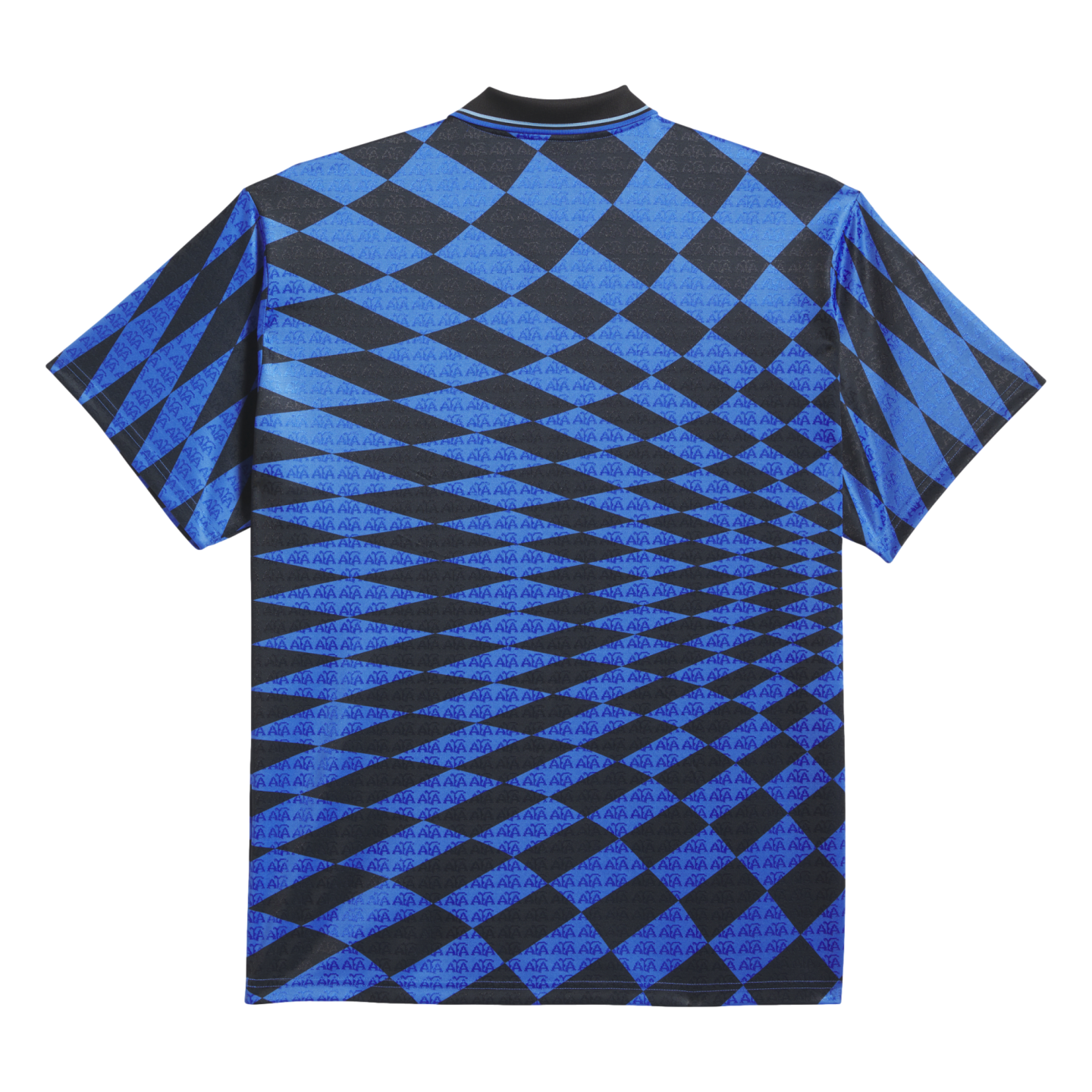 Back view of a blue and black football jersey featuring a warped diamond pattern with repeating "AIA" logo details.