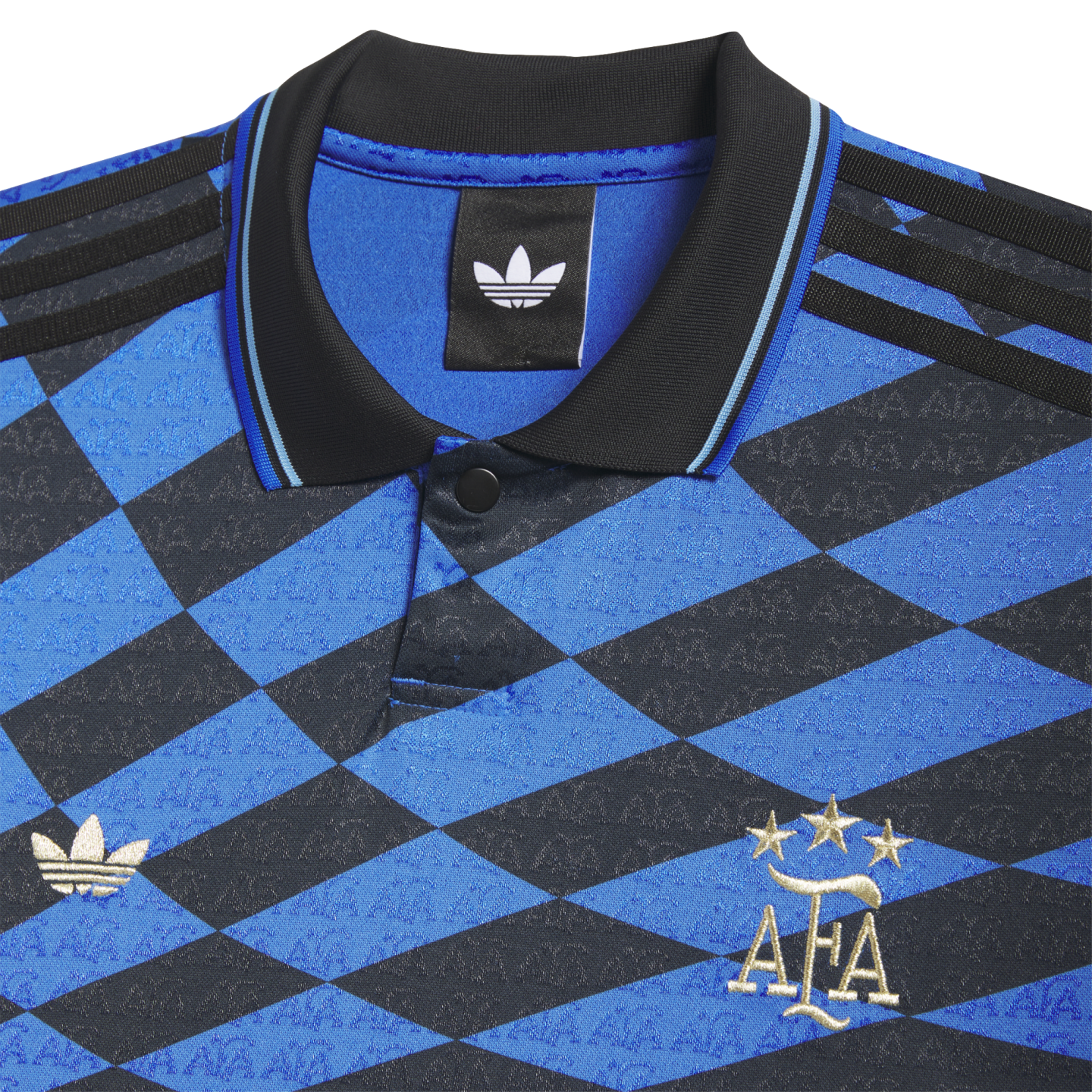 Close-up of a blue and black diamond-patterned Adidas Argentina jersey with a black polo collar and gold embroidered AFA and Trefoil logos.