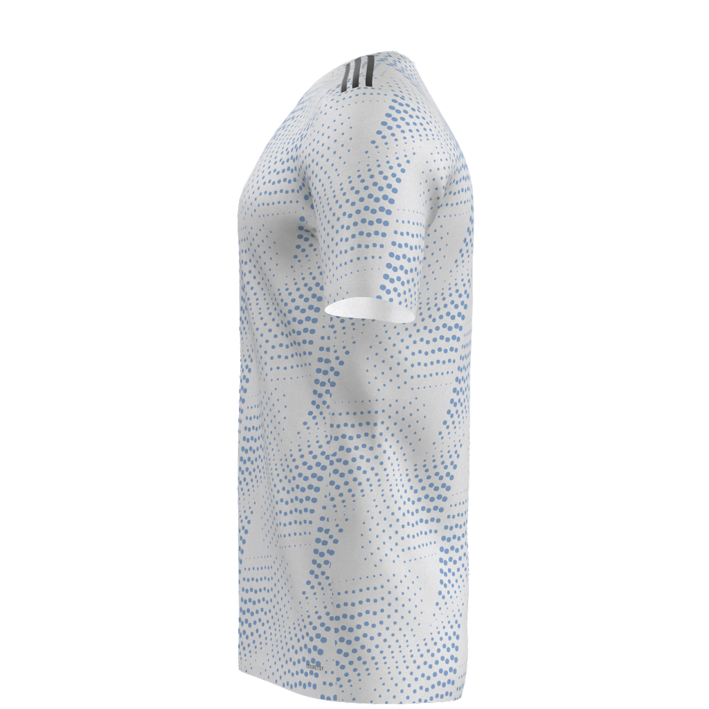 Side view of a white short-sleeved athletic jersey featuring a light blue halftone dot pattern and three black stripes on the shoulder.