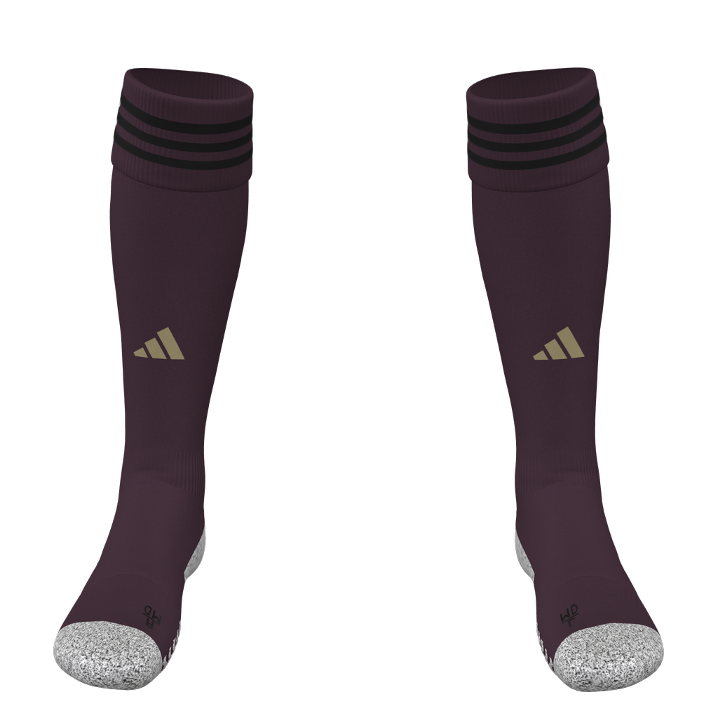 Pair of dark maroon Adidas knee-high soccer socks with three black stripes at the top cuff, a gold logo on the shin, and grey textured toes and heels.