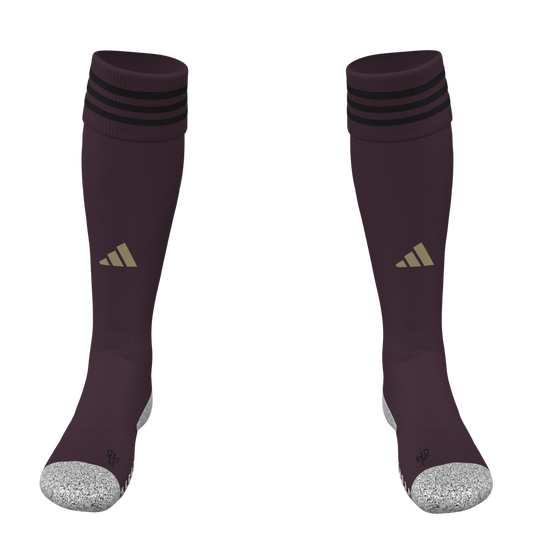 Pair of dark maroon Adidas knee-high soccer socks with three black stripes at the top cuff, a gold logo on the shin, and grey textured toes and heels.