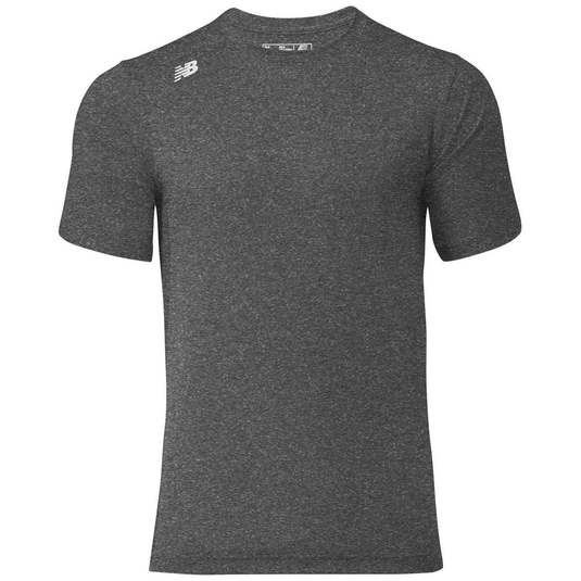 A dark gray heathered New Balance crew neck t-shirt with a small white logo on the left chest.